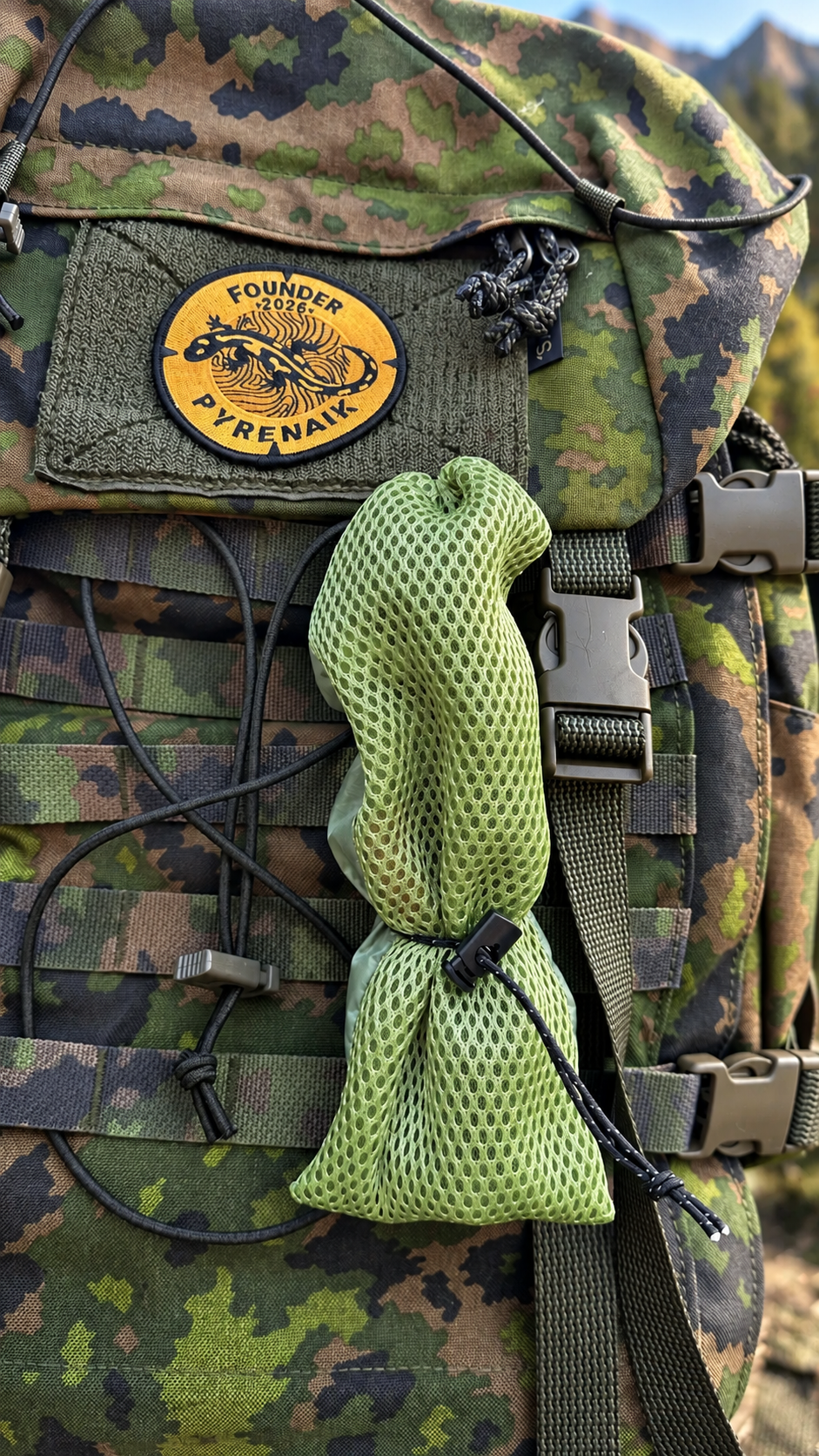 Guy line mesh bag attached to the outside of a backpack