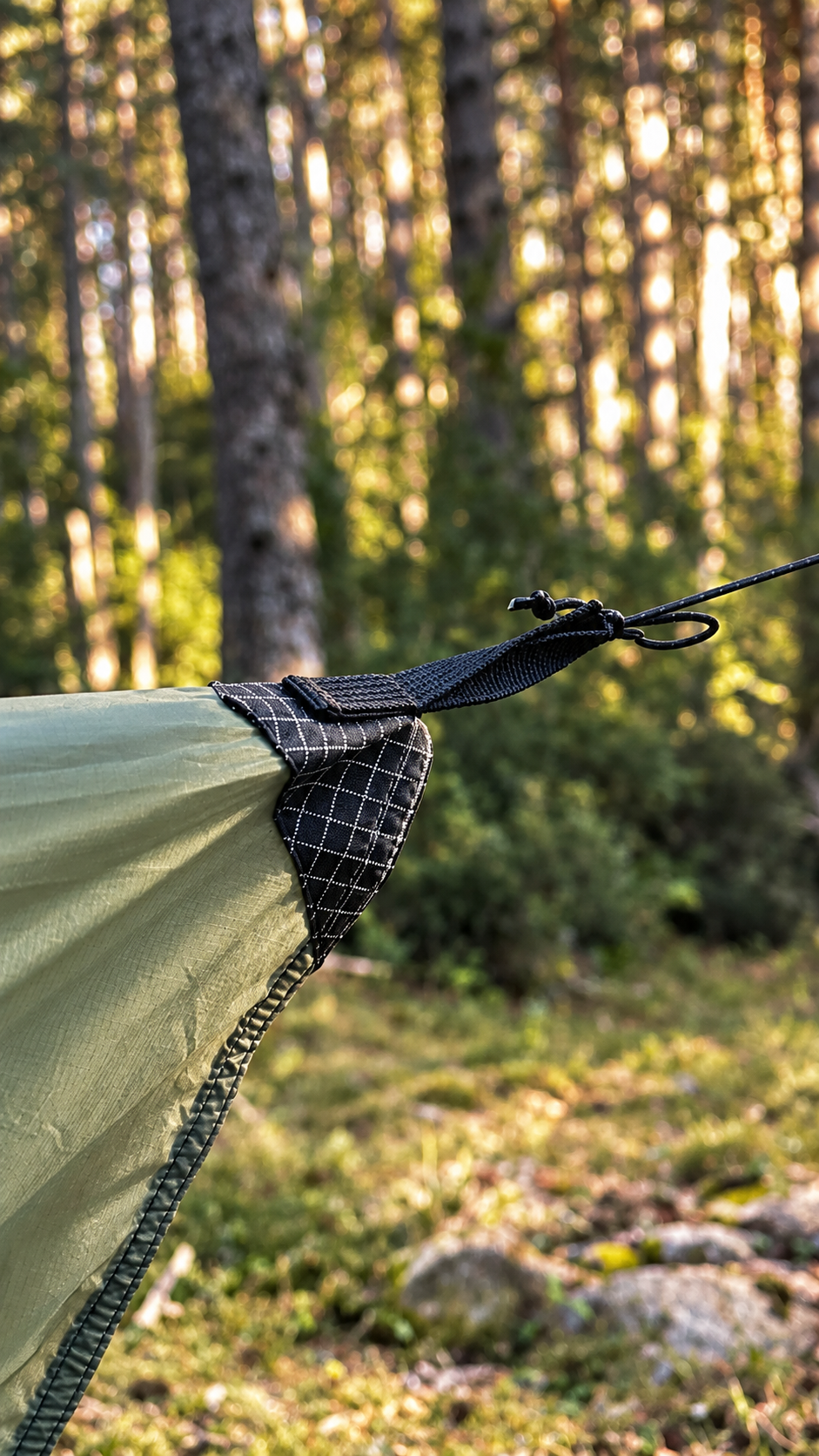 Close-up of Dyneema reinforcement and stitching at an Apex Tarp tie-out point