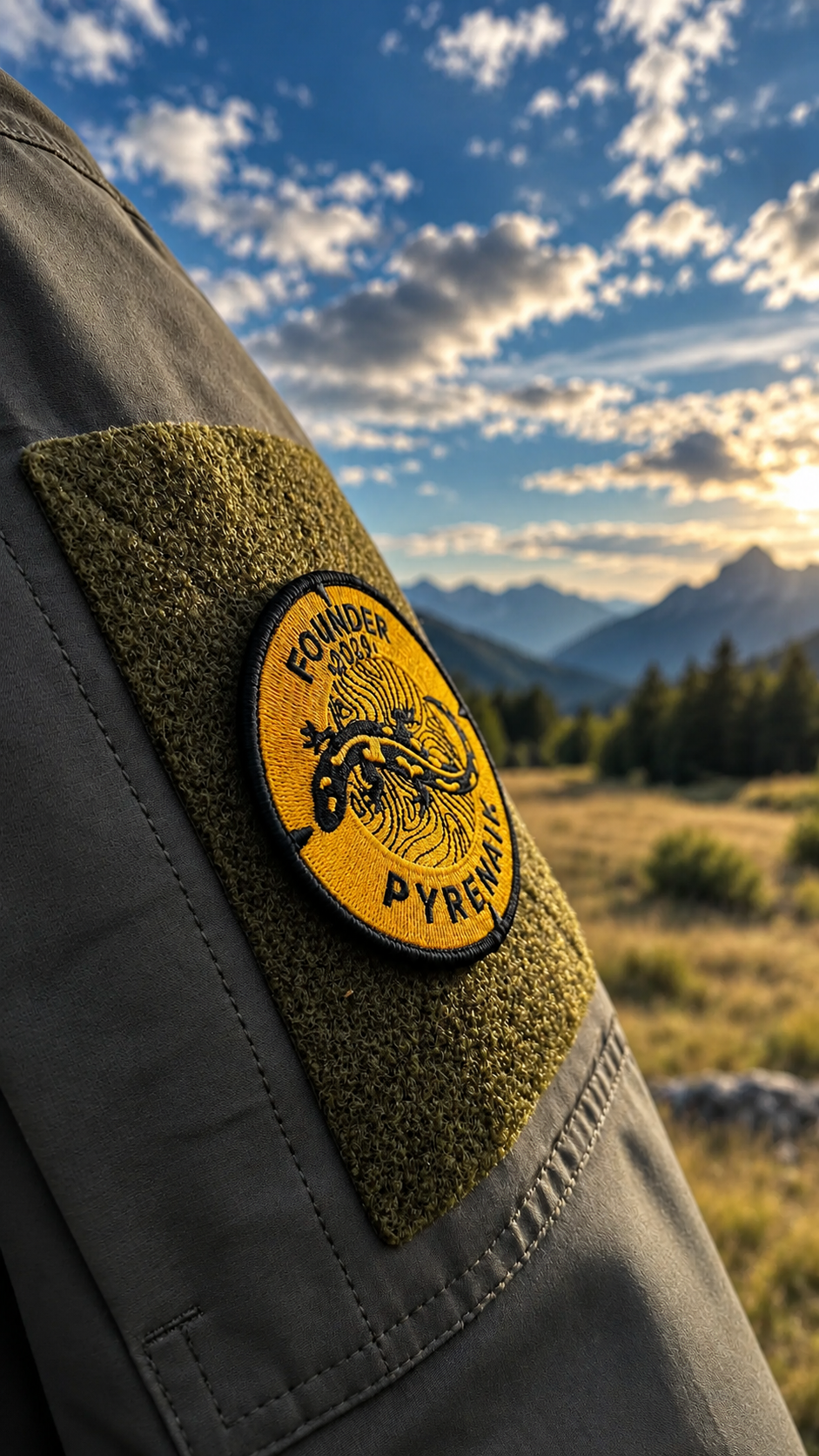 Pyrenaik Founders Edition 2026 patch attached with hook-and-loop fastening to a jacket sleeve