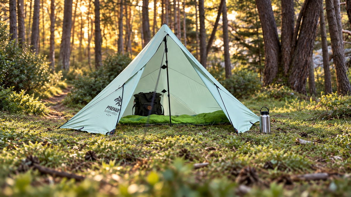 Apex Tarp abierto con el equipo preparado en un bosque de pinos al atardecer