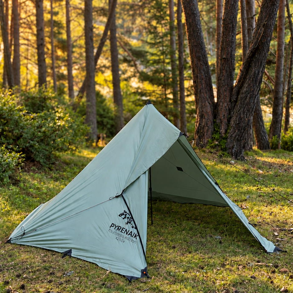 Vista completa del Pyrenaik Apex Tarp muntat al bosc