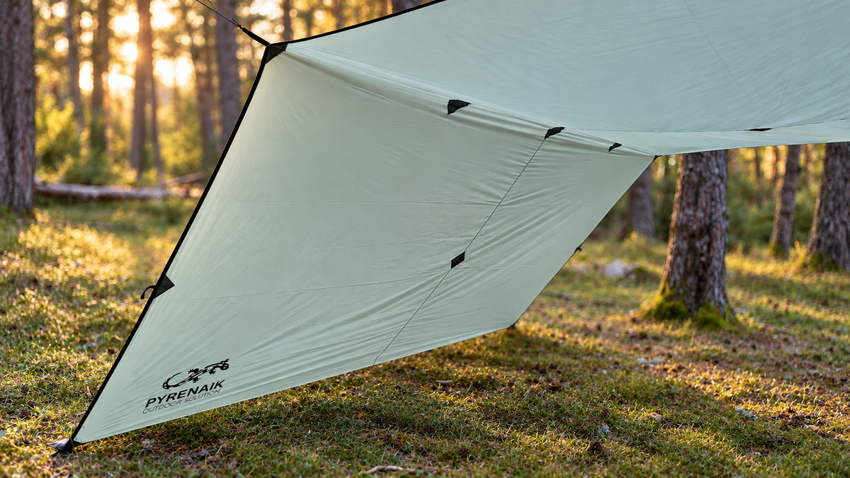 Apex Tarp desplegado como toldo abierto en el bosque