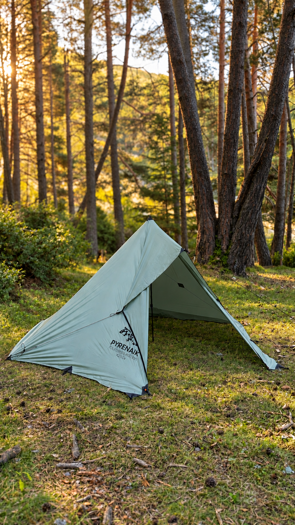 Apex Tarp verde tundra montado en un bosque de pinos