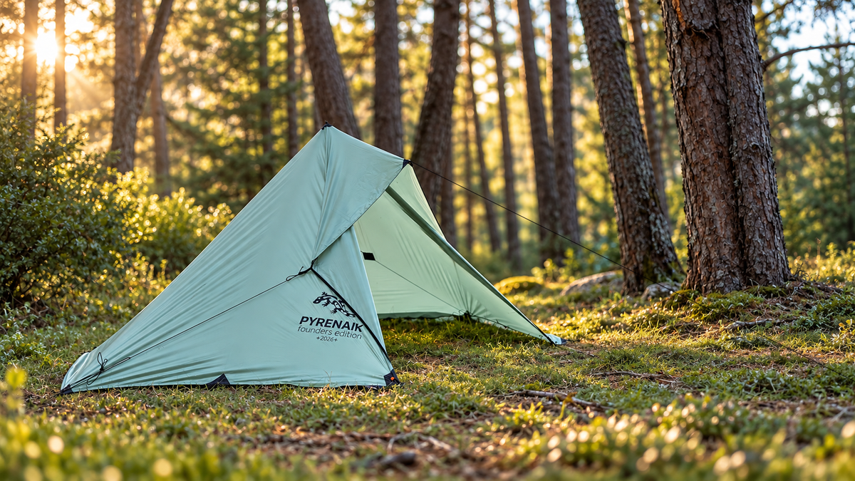 Pyrenaik Apex Tarp Founders Edition verde tundra montado como refugio en un bosque de pinos al atardecer