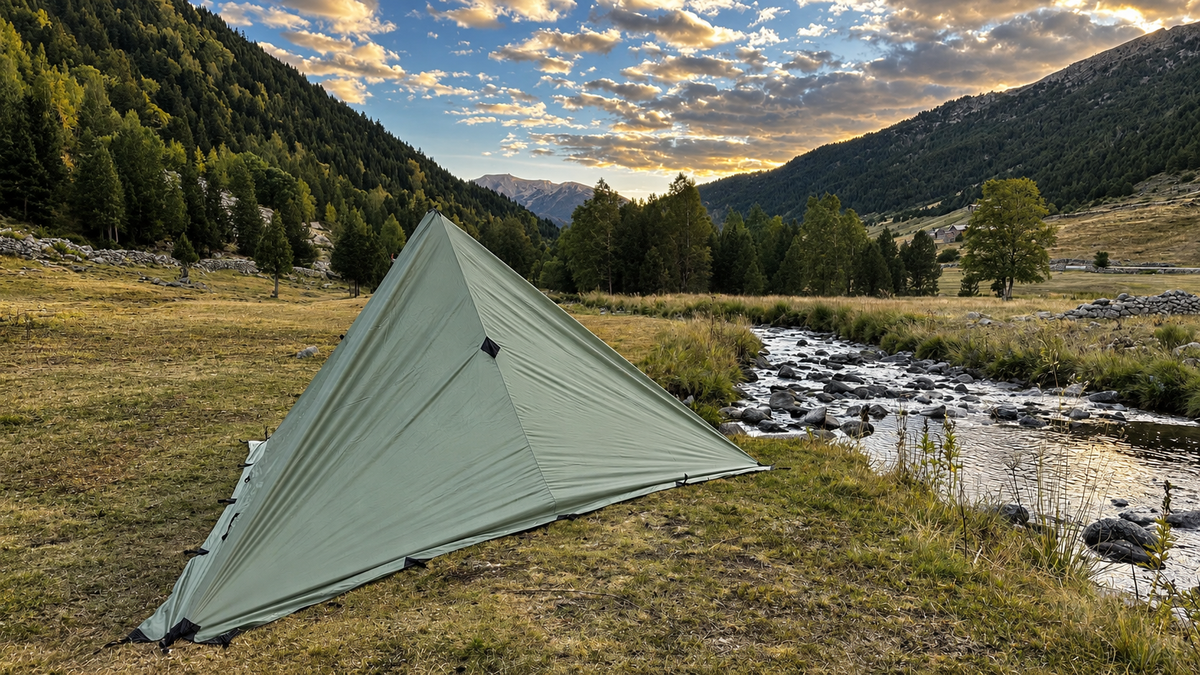 Pyrenaik Apex Tarp montado junto al río en un paisaje de montaña