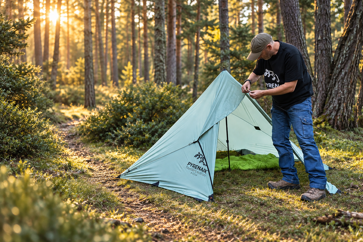 JJ preparando el Apex Tarp de Pyrenaik en un bosque de pinos al atardecer