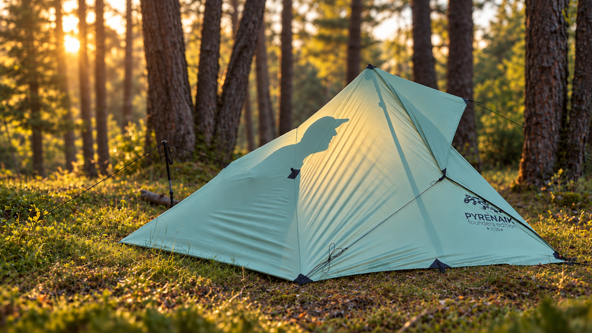 Apex Tarp cerrado al atardecer, con la silueta de una persona dentro del refugio