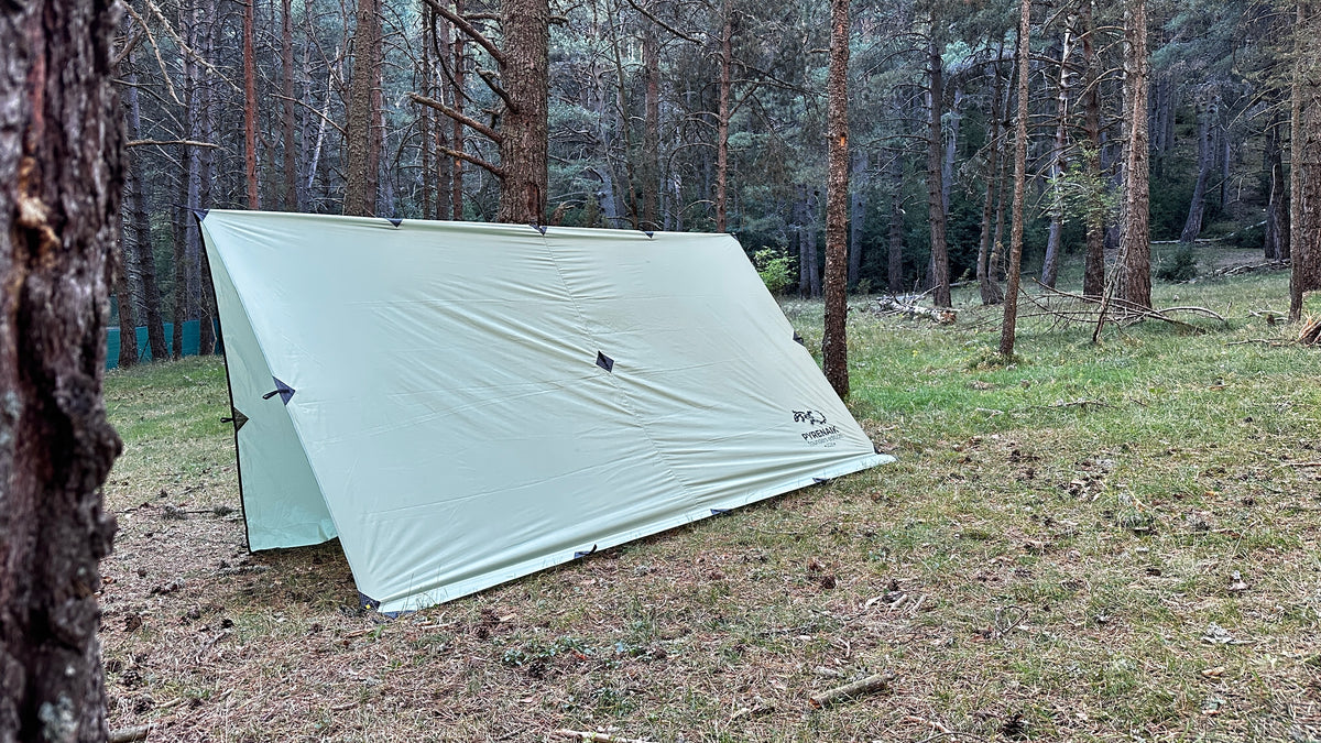 Pyrenaik Apex Tarp en configuración abierta en un bosque de pinos