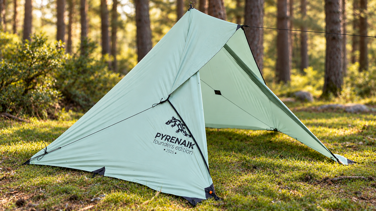 Pyrenaik Apex Tarp Founders Edition montado como refugio con entrada abierta en un bosque de pinos