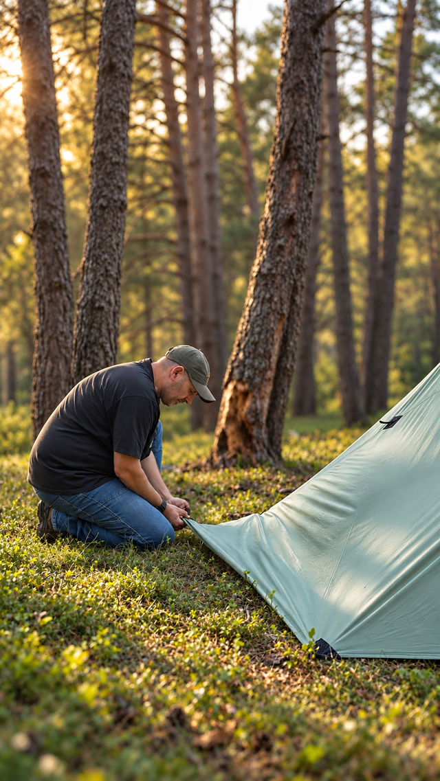Montaje del Apex Tarp por el equipo Pyrenaik en un bosque de pinos
